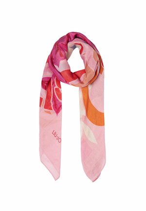 Écharpe rose avec des motifs floraux abstraits dans des teintes de rose, orange et blanc. Tissu doux et léger avec un léger brillant. Présente un détail de logo.