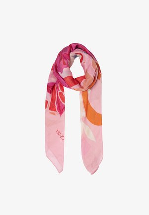 Bufanda rosa con patrones florales abstractos en tonos de rosa, naranja y blanco. Tejido suave y ligero con un brillo sutil. Presenta un detalle del logo.