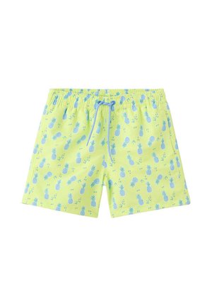 Short de bain jaune avec motif ananas bleu et taille à cordon bleu.