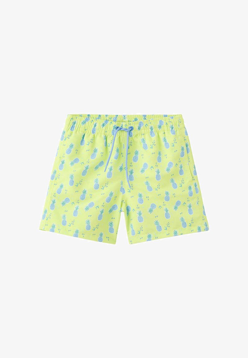 Short de bain jaune avec motif ananas bleu et taille à cordon bleu.