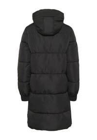 Črn dolgi pufaste plašč z kapuco in prešitim horizontalnim šivinjem, z rebrastimi manšeti na rokavih, prikazan s hrbtne strani.