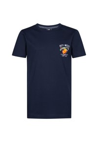 Tricou din bumbac de culoare albastru marin, cu mâneci scurte și guler rotund. Prezintă un imprimeu grafic colorat cu textul "Key West" și un design portocaliu pe piept.