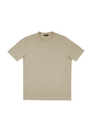 T-shirt beige à manches courtes et col rond, présenté à plat avec l'étiquette du col visible sur un fond blanc.