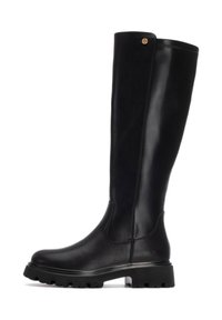 Stivali neri in pelle al ginocchio con una finitura liscia, punta tondeggiante e suola in gomma robusta. Presentano un bottone decorativo dorato sul lato.