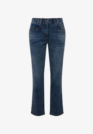 Dunkelblaue Denim-Jeans mit mittlerer Taille, zwei vorderen Taschen mit Metallelementen und einem leichten Schlag an den Beinöffnungen.