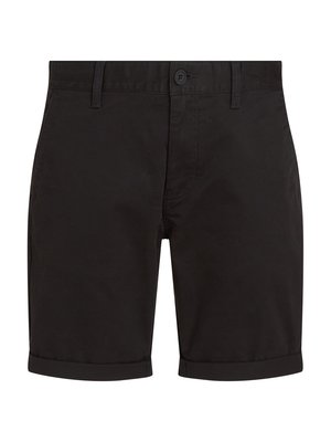 Calças curtas pretas com um corte reto, fecho de botão, bolsos frontais e bainhas dobradas. Feitas de um tecido leve, adequadas para vestir casualmente.