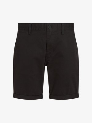 Svarte shorts med rett snitt, knappelukking, forkantlommer og oppbrettede mansjetter. Laget av lett stoff, egnet for hverdagsbruk.