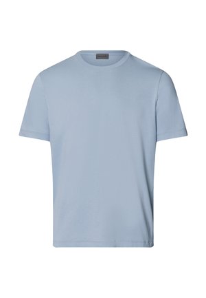 Lichtblauw katoenen T-shirt met een ronde hals en korte mouwen. Beschikt over een effen ontwerp zonder patronen of accenten. Gladde textuur.