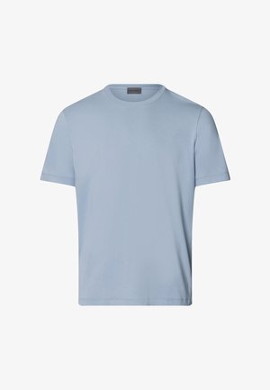 Hellblaues Baumwoll-T-Shirt mit Rundhalsausschnitt und kurzen Ärmeln. Hat ein schlichtes Design ohne Muster oder Akzente. Glatte Textur.