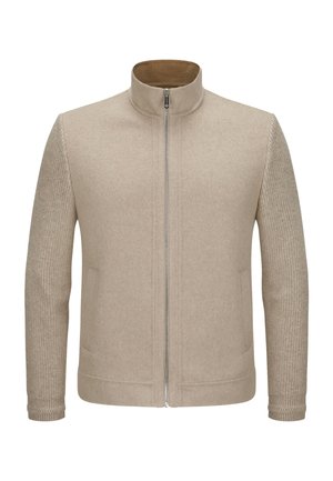 Beige zip-up jacket with textured knit sleeves and fleece-lined stand collar, featuring side pockets and ribbed cuffs.