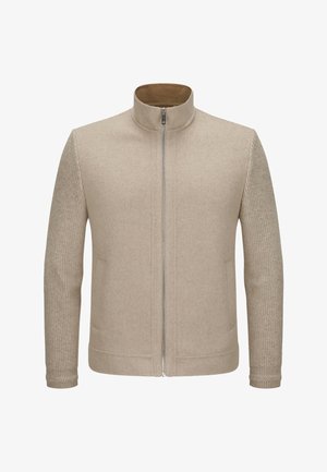 Beige Zip-Jacke mit strukturierten Strickärmeln und fleecegefüttertem Stehkragen, ausgestattet mit seitlichen Taschen und gerippten Bündchen.