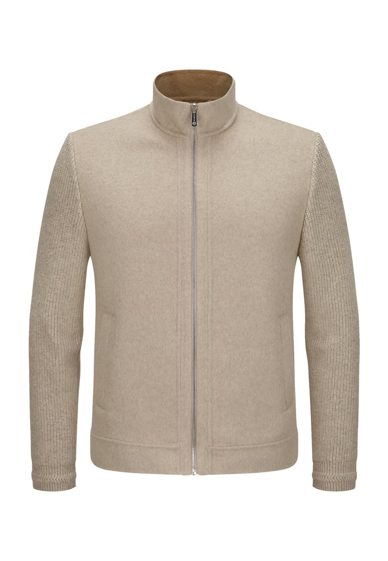 Beige Zip-Jacke mit strukturierten Strickärmeln und fleecegefüttertem Stehkragen, ausgestattet mit seitlichen Taschen und gerippten Bündchen.