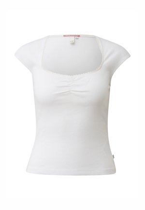 Weißes, kurzärmeliges, geripptes Crop-Top mit rundem Ausschnitt, dezentem Raffungseffekt vorne und gewelltem Saum.