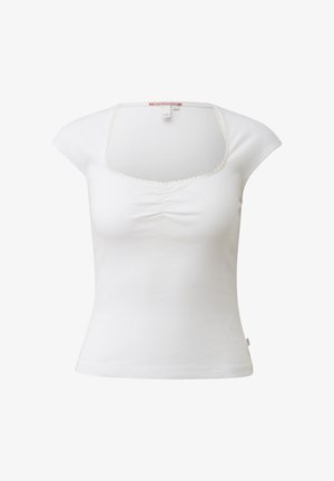 Weißes, kurzärmeliges, geripptes Crop-Top mit rundem Ausschnitt, dezentem Raffungseffekt vorne und gewelltem Saum.