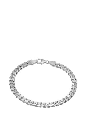 Silver chain bracelet with interlocking links, featuring a polished finish and a secure clasp. Reflects light, creating a shiny appearance.