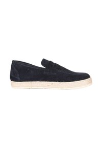 Scarpa espadriglia slip-on in camoscio blu navy con suola in corda di juta, caratterizzata da una superficie texturizzata e un dettaglio di design cucito.