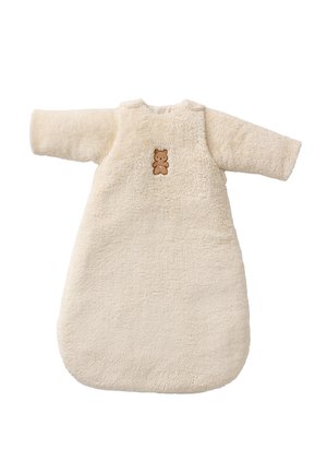 Cremfarbener Fleece-Schlafsack mit langen, weiten Ärmeln, abgerundetem Boden und einem kleinen Teddybär-Patch auf der Vorderseite. Weicher Stoff.