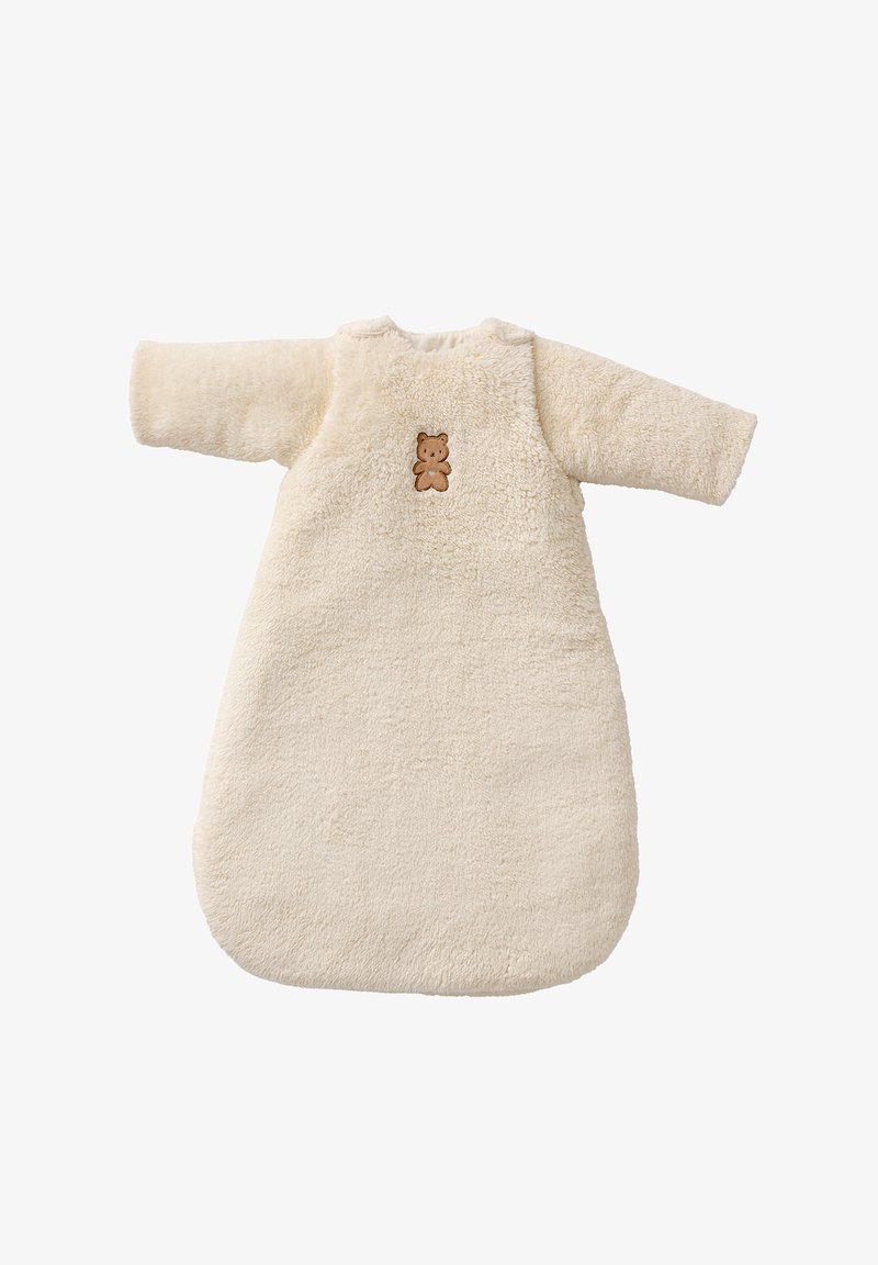 Cremfarbener Fleece-Schlafsack mit langen, weiten Ärmeln, abgerundetem Boden und einem kleinen Teddybär-Patch auf der Vorderseite. Weicher Stoff.