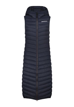 Longue veste sans manches matelassée bleu marine avec capuche et fermeture éclair avant, arborant un petit logo blanc « Alife & Kickin » sur la poitrine.