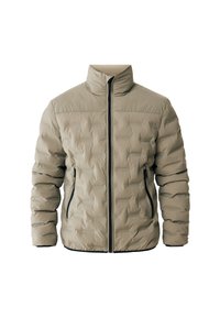 Giacca imbottita beige con colletto rialzato, dotata di zip frontale e due tasche laterali. Il design trapuntato testurizzato aggiunge dettaglio.