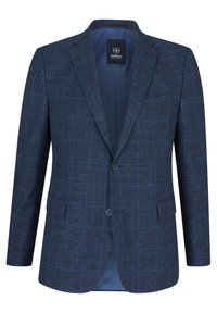 Blazer bleu pour homme avec un motif à carreaux subtil, deux boutons devant, revers crantés et poches à rabat, entièrement doublé à l'intérieur.