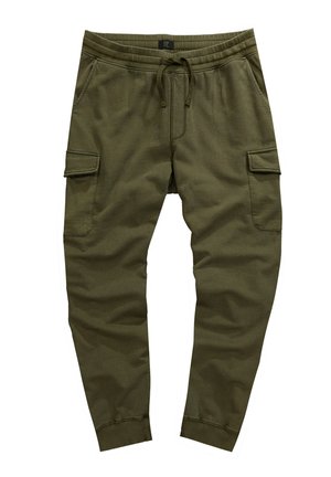 Pantalones joggers de color verde oliva, hechos de una tela suave, con cintura elástica, cordón ajustable y dos bolsillos laterales de tipo cargo. Diseño de pierna ajustada.