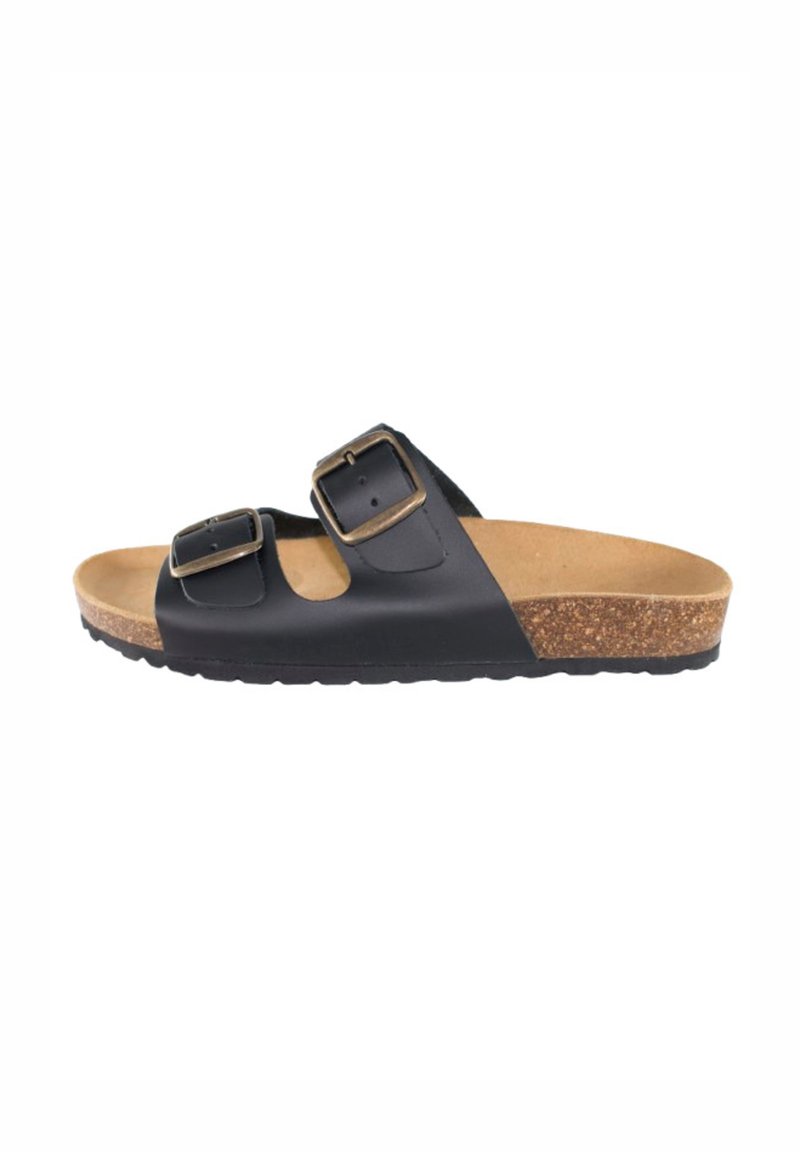 Sandalia deslizante de cuero negro con dos hebillas ajustables, plantilla de corcho y suela de goma texturizada. Presenta un diseño de punta abierta y contornado.