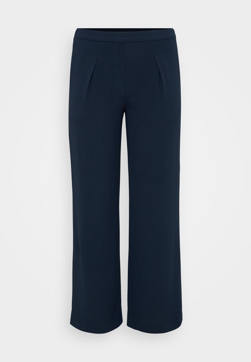 Navy wide-leg trousers made of smooth fabric, featuring front pleats and a tailored waistband. Straight cut, no visible pockets or accents.