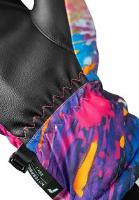 Schwarzer Lederhandschuh mit einem bunten Stoffbund in blau, pink und orange Muster. Verfügt über Zickzack-Nähte und ein wasserdichtes Etikett.