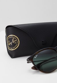 Ray-Ban zonnebril in bruin schildpadmotief met groene lenzen, vergezeld van een zwart leren etui met een gouden logo en UV-bescherming.