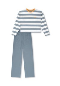 Gestreiftes langärmliges Oberteil in Grau und Weiß mit einem orangen Kragen, kombiniert mit einfarbigen grauen Hosen aus weichem Baumwollstoff.