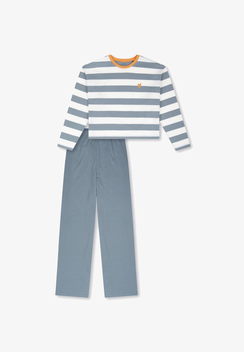 Gestreiftes langärmliges Oberteil in Grau und Weiß mit einem orangen Kragen, kombiniert mit einfarbigen grauen Hosen aus weichem Baumwollstoff.