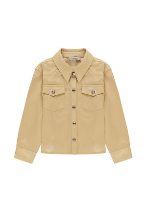 Beige langærmet skjorte med knapper, spids krave, to frontlommer med klapper og knapper, samt sølvfarvede knapper ned ad midten.