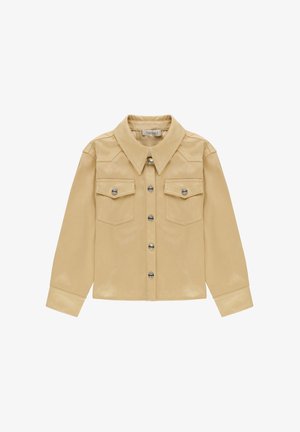 Beige langærmet skjorte med knapper, spids krave, to frontlommer med klapper og knapper, samt sølvfarvede knapper ned ad midten.