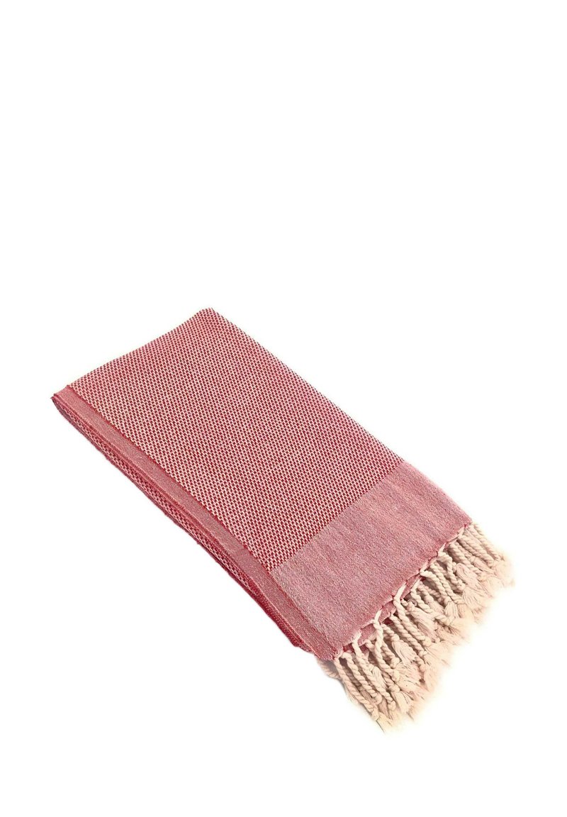 Roter gewebter Schal mit einem strukturierten Muster und fransigen Kanten. Leichter Stoff, rechteckige Form, glatte Oberfläche und lebendender Farbkontrast.