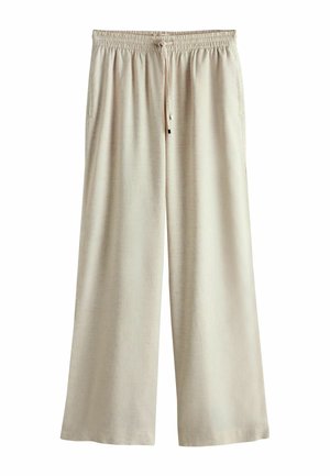 Beige wide-leg pants with elastic waistband and drawstring, made of lightweight fabric, displaying a relaxed fit.