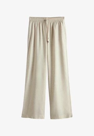 Beige wide-leg pants with elastic waistband and drawstring, made of lightweight fabric, displaying a relaxed fit.