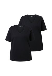 Zwarte v-hals t-shirts, korte mouwen, gemaakt van zachte katoen. Heeft een eenvoudig ontwerp zonder patronen of versieringen. Twee stuks inbegrepen.