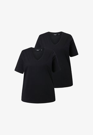 Zwarte v-hals t-shirts, korte mouwen, gemaakt van zachte katoen. Heeft een eenvoudig ontwerp zonder patronen of versieringen. Twee stuks inbegrepen.
