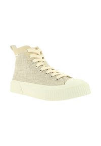 Hochschuhsneaker aus beigem strukturiertem Stoff mit einer cremfarbenen Gummisohle und Schnürsenkeln, ausgestattet mit metallischen Ösen und einer Lasche an der Ferse.