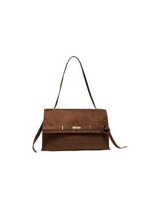 Brown leather handbag with a single shoulder strap and a front buckle detail on a plain white background.