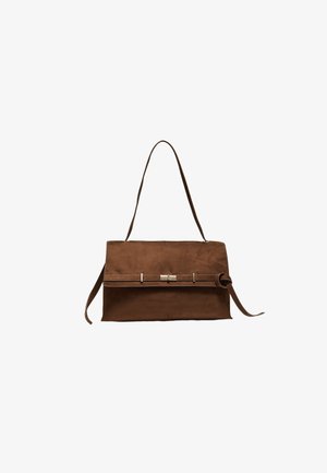Brown leather handbag with a single shoulder strap and a front buckle detail on a plain white background.