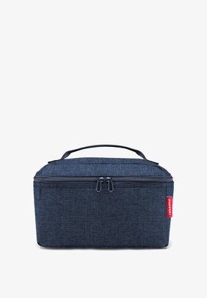 Dark blue rectangular insulated lunch bag with double zipper closure and top fabric handle, labeled "reisenthel" on the side.