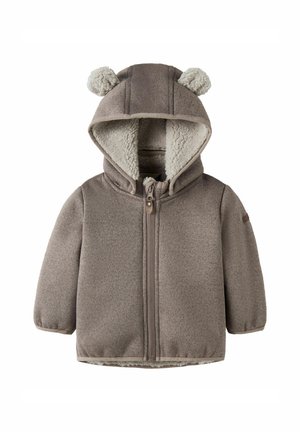 Veste marron pour tout-petit avec fermeture éclair devant, doublure en polaire douce, et capuche avec deux oreilles rondes en tissu.