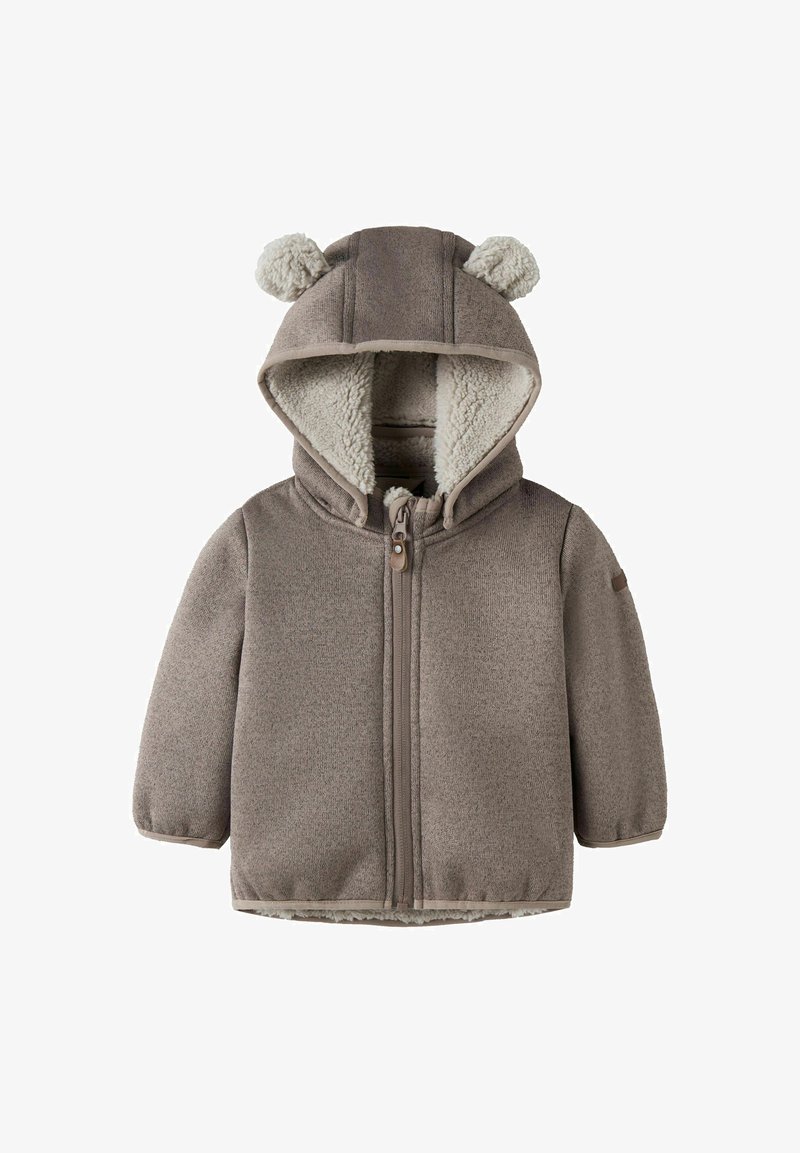 Veste marron pour tout-petit avec fermeture éclair devant, doublure en polaire douce, et capuche avec deux oreilles rondes en tissu.