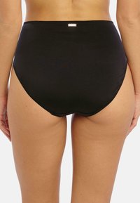 Bas de bikini taille haute noir, en tissu lisse, avec une finition épurée et un minimum de marquage à l'arrière.