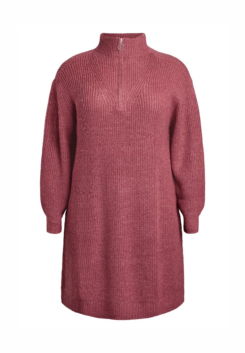 Robe en tricot de couleur rose doux, avec un col haut et une fermeture éclair demi-longueur, des manches longues et une coupe ample. Motif texturé sur l'ensemble.