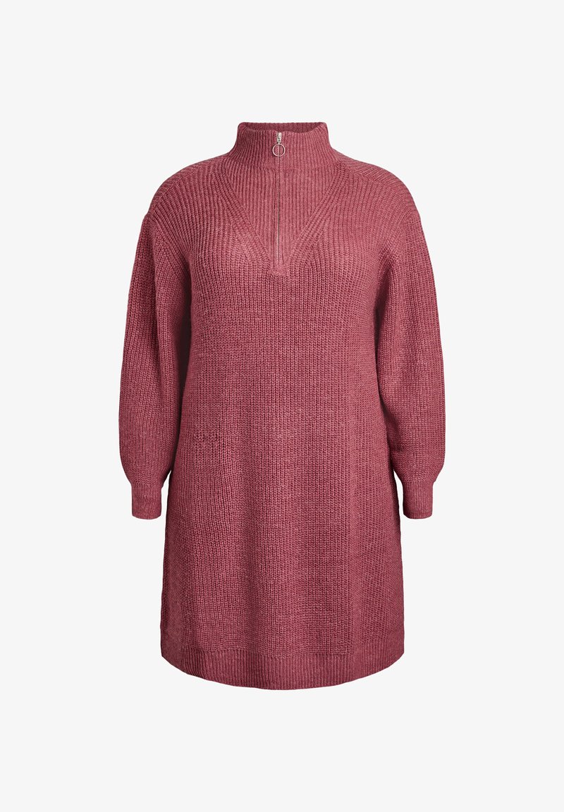 Megztinė suknelė švelnios rožinės spalvos, su aukštu apykakle ir pusiau užtrauktuku, ilgomis rankovėmis ir laisvu siluetu. Visame paviršiuje yra tekstūruotas raštas.