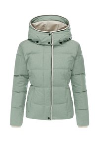 Grön vadderad jacka med hög krage, kontrasterande beige foder, tryckknappar och svart piping längs dragkedjan och ärmsluten.