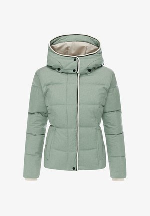 Groene gewatteerde jas met een hoge kraag, contrasterende beige voering, drukknoopsluitingen en zwarte pipingen langs de rits en manchetten.